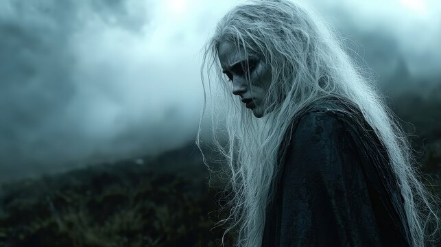 Mysterious gothic woman in foggy landscape with long white hair