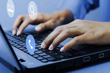 Close up of hands typing on a laptop with email search and phone call icons symbolizing communication methods