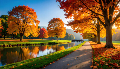 Obraz premium Autumn park with colorful leaves clear sky sunlight calm river walking path vibrant trees peaceful atmosphere reflection outdoor nature