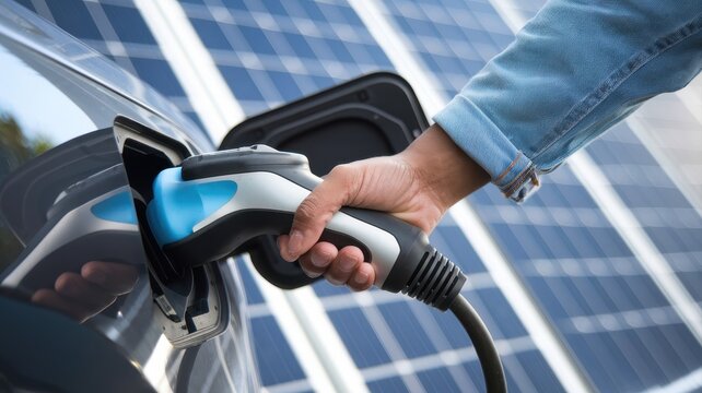 Future mobility solutions provider of renewable energy sustainability concept. Electric vehicle charging hand connecting to a station with solar panels in the background.