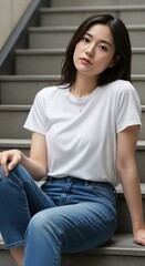 Obraz premium Serene Young Woman in White T-Shirt and Blue Jeans Sitting on Steps
