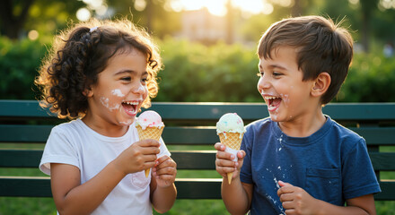 Two children laughing while eating ice cream cones on park bench with messy faces. Girl and boy enjoying vanilla dessert outdoors. Summer friendship and sweet treats concept. Dairy sale
