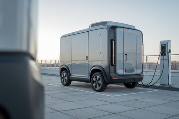 Future mobility solutions provider of renewable energy sustainability concept. Electric vehicle charging at a modern urban setting with sleek design and clean lines.
