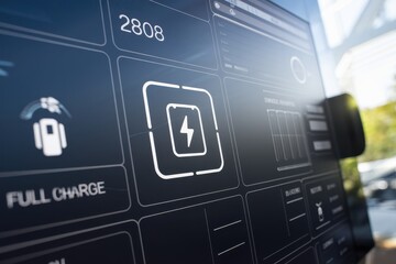 Future mobility solutions provider of renewable energy sustainability concept. Digital display showcasing charging status and metrics for an electric vehicle interface.