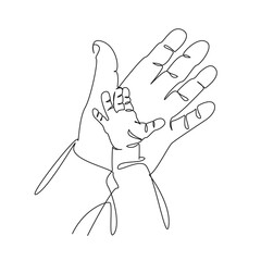 One continuous single drawing line art flat doodle father, child, hand, finger, newborn, person, care, family, small. Isolated image hand draw contour on a white background, hand drawn, not AI