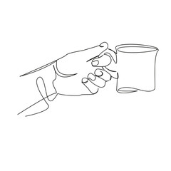 One continuous single drawing line art flat doodle hand, hot drink, holding, cup, drink, mug, woman, hot. Isolated image hand draw contour on a white background, hand drawn, not AI