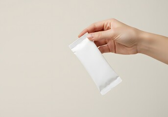 Hand Displaying Empty Sachet Packaging – Isolated Studio Shot