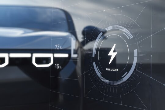 Future mobility solutions provider of renewable energy sustainability concept. High-tech dashboard of an electric vehicle displaying charging information and battery status.