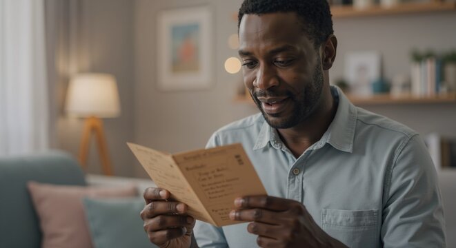 father reading greeting card with hearts in cozy living room. Man in light blue shirt smiling while holding handmade card on sofa. Fathers day celebration and family appreciation concept. Card sale