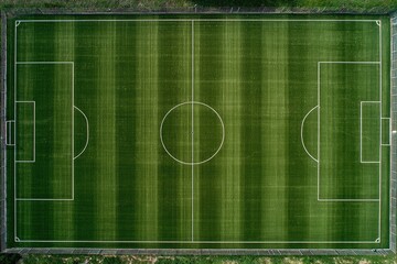 Aerial View of a Soccer Field with Green Grass and White Lines Marking Boundaries