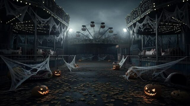Scary abandoned Halloween carnival theme park at night with spooky Ferris wheel and carousel rides. Spooky holiday footage.