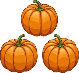 Three vibrant orange pumpkins isolated on white background perfect for autumn harvest Thanksgiving designs fall decorations and seasonal themes