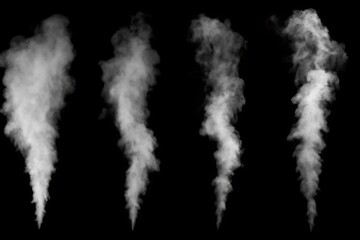 Four Plumes of Rising White Smoke on a Black Background for Compositing and Special Effects Projects and Designs