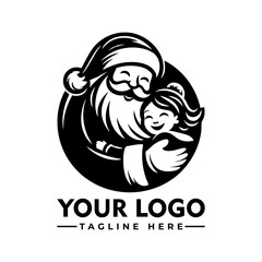 Santa Claus hugging happy child in festive black and white vector illustration, joyful Christmas holiday moment
