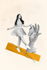Sketch vertical photo collage of human hand control girl manipulation hostage concept crumpled...