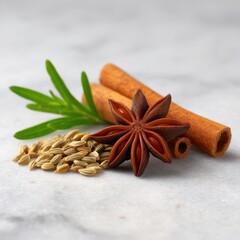 A high-resolution macro shot of star anise, cloves, and fennel seeds elegantly laid out on a textured surface