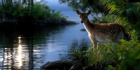 Deer stands peacefully by the water in a lush, serene environment during twilight hours