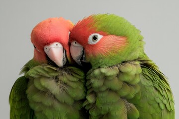 A pair of parrots perched side by side, feathers vivid and detailed