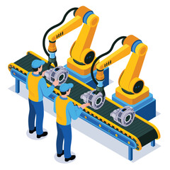 Automated manufacturing process illustrating robotics assembly line operations workers and robotic arms working on industrial production and technology