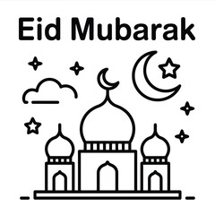 Obraz premium A celebratory greeting card design for eid mubarak featuring mosque silhouette crescent moon and stars in a minimalist black and white style for islamic festivities