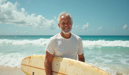 Smiling senior man with a surfboard on the beach enjoying summer vacation