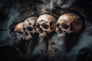 Old human skulls in an ancient crypt in close up background.