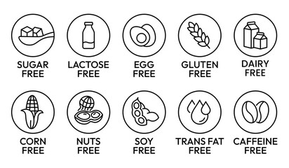 Set allergen free icons. Allergen free label products. Free lactose, gluten, sugar, corn, egg, trans fat, dairy, soy, nuts, caffeine, symbol, logo, badge, black, vector, isolated on white background.