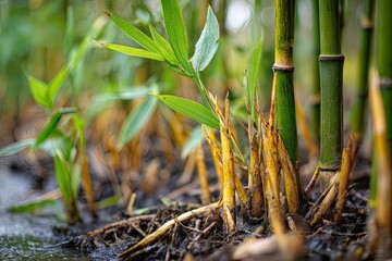 Obraz premium Close up of bamboo plants with roots and green leaves in a natural setting