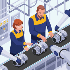 Fototapeta premium Factory workers inspecting machinery on a conveyor belt with robotic arms in a modern isometric manufacturing plant.