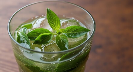 Green cocktail basil leaves ice cubes glass wooden table refreshing drink. Mojito herb garnish lime citrus alcohol beverage bar restaurant concept