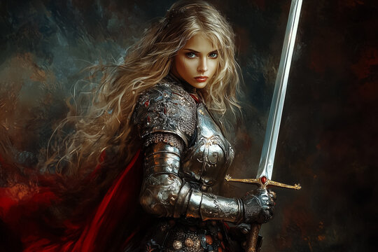 Beautiful woman warrior in heavy knight armor holding a sword in hand.