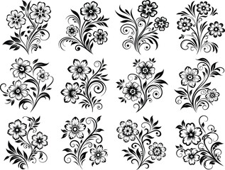 floral, flowers, design, black, white, monochrome, set, collection, illustration, vector, graphic, pattern, vintage, ornament, decorative, swirl, leaves, botanical, art, style, elegant, classic