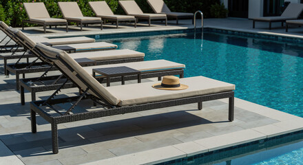 Naklejka premium Pool lounge chairs beige cushions stone deck hat outdoor furniture swimming. Modern residential patio relaxation leisure vacation resort hotel summer concept