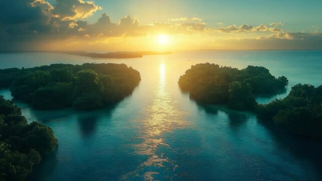 Sunrise over the river Arial view