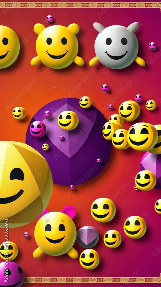Poster A bunch of smiling faces are floating in the air. Some are yellow and some are pink. The faces are scattered all over the image