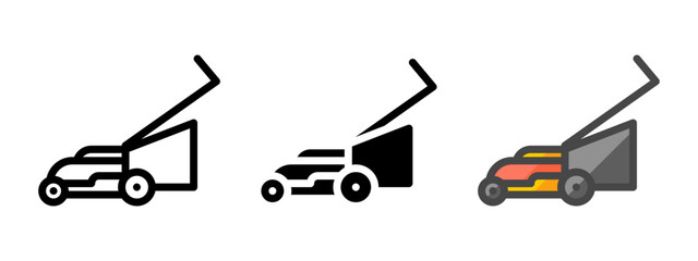 Multipurpose lawn mower vector icon in outline, glyph, filled outline style. Three icon style variants in one pack.