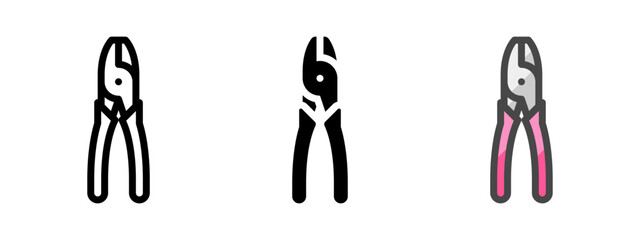 Multipurpose lineman's pliers vector icon in outline, glyph, filled outline style. Three icon style variants in one pack.