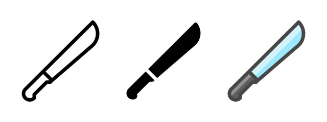 Multipurpose machete vector icon in outline, glyph, filled outline style. Three icon style variants in one pack.