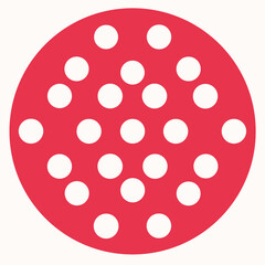 A circular graphic with a bright red background and a grid of evenly spaced white dots, creating a playful and modern design.
