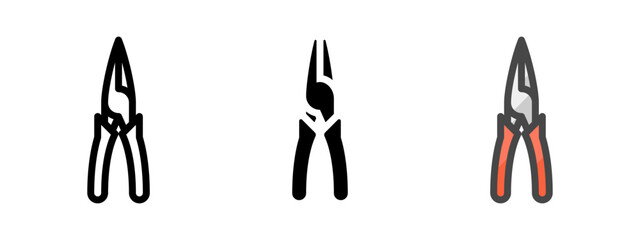 Multipurpose needle nose pliers vector icon in outline, glyph, filled outline style. Three icon style variants in one pack.