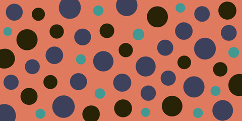A textured background featuring an array of colorful circles in navy, black, and turquoise on a coral base.