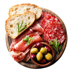 A platter featuring assorted cured meats, artisan bread, and olives garnished with fresh herbs. cut out. transparent background