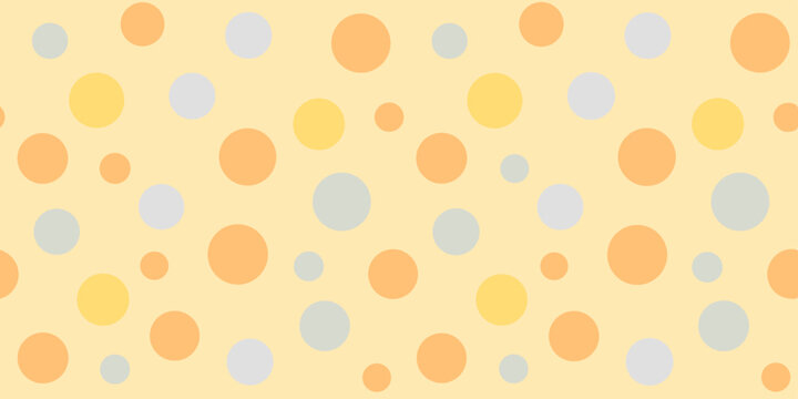 A light yellow background features a playful arrangement of pastel circles in orange, blue, and soft cream tones.