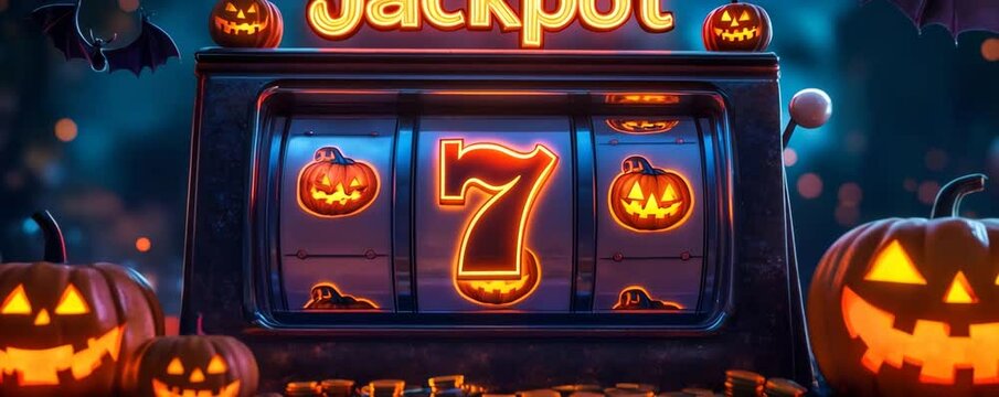 Casino slot machine showing 777 jackpot surrounded by halloween pumpkins, candy corn, and spooky atmosphere