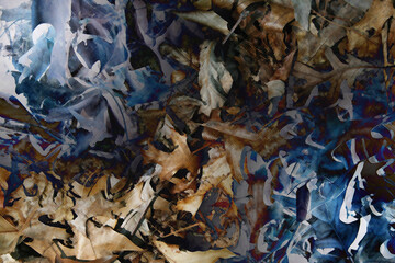 Gradient inversions of exclusion and/or difference, bordered and bounded complementary color blue/dark-orange effect of forest floor aged fallen leaves, with cool white-blue inversion of dark tan.
