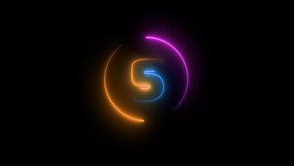 Neon Number Five with Circular Light Trails in Orange Blue and Purple on Black glowing