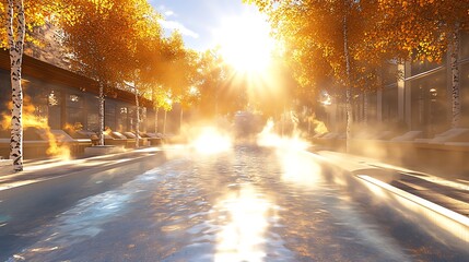 Golden Autumn Sunlight Reflections over the Sparkling Water of a Resort Pool