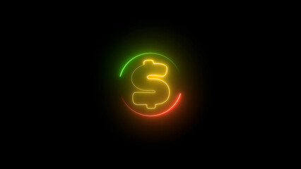 Neon Dollar Sign with Green and Red Arc on a Black Background glowing yellow dollar