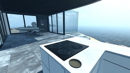 Obraz premium Modern kitchen with expansive ocean views.