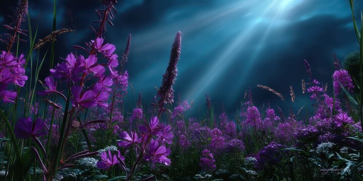 Vibrant purple flowers blooming under ethereal rays of light in a tranquil meadow during twilight